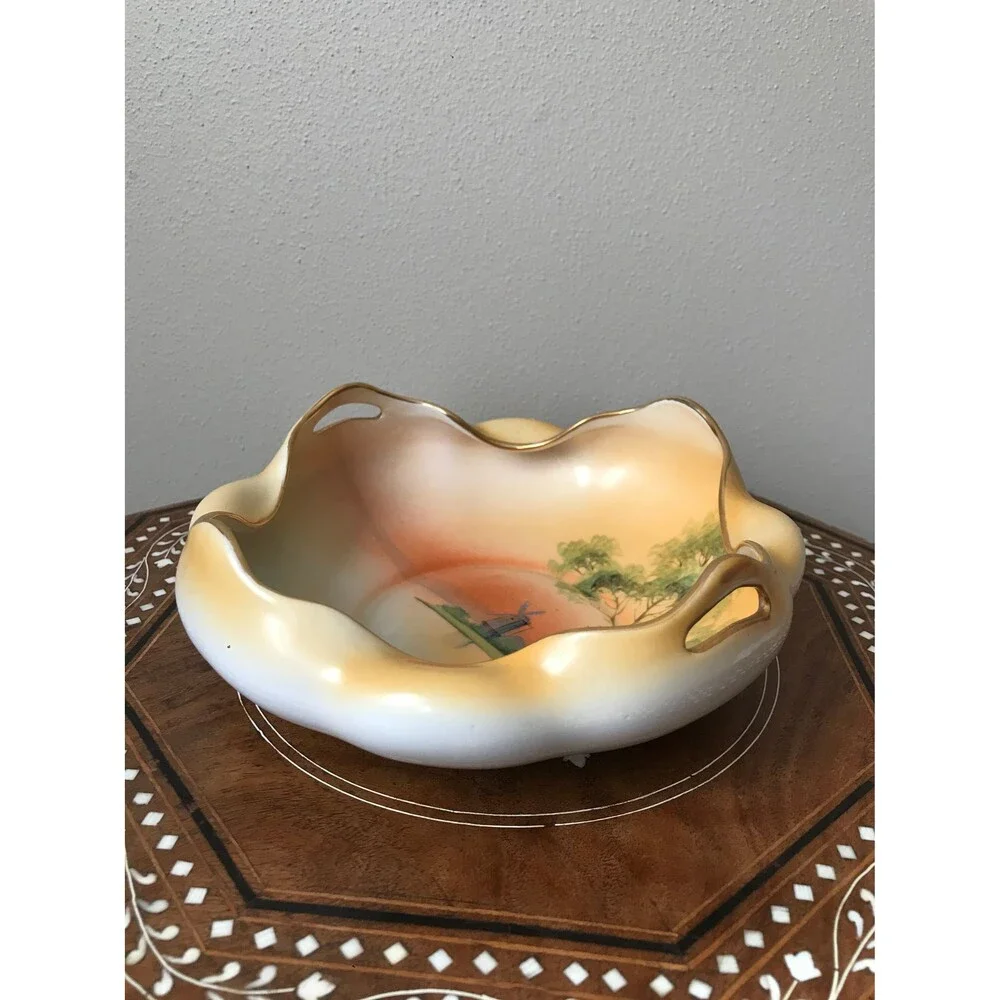 Vintage Nippon Ruffled Hand Painted Bowl Lake Scene Windmill